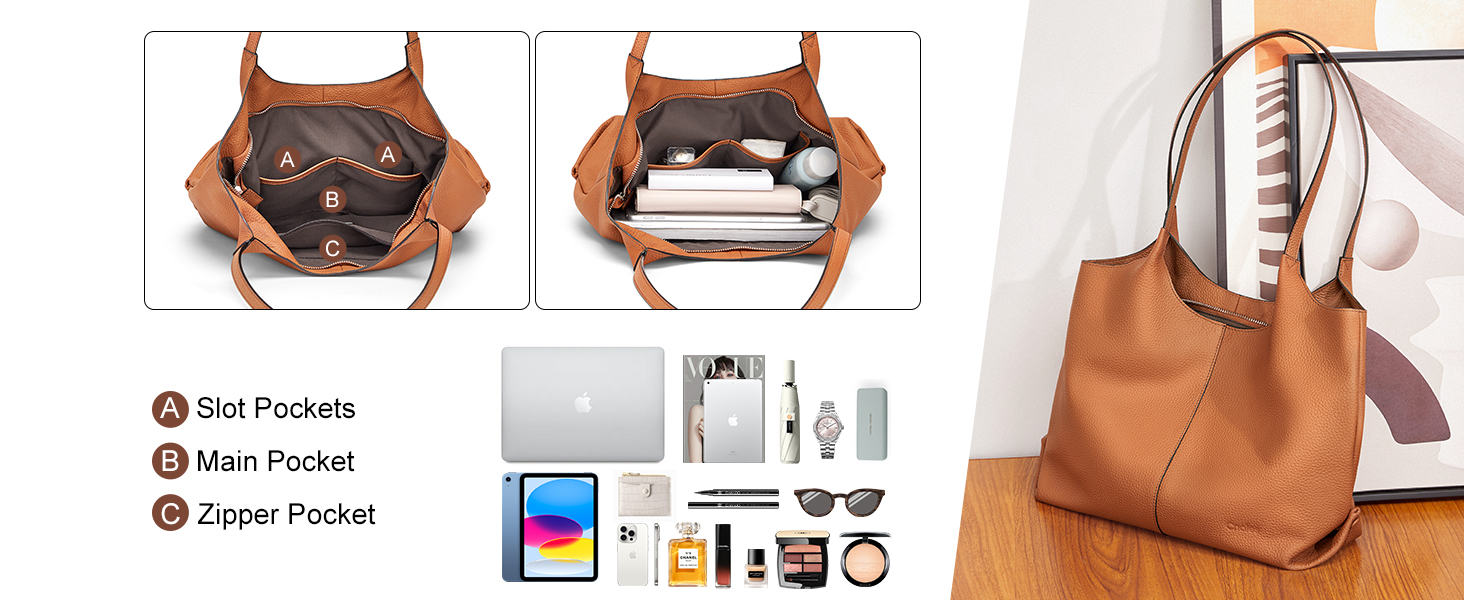 Шкіряна сумка-шопер Cnoles для жінок, велика сумка-тоут на плече для офісу, школи, покупок, коричнева 39x12x28.5 см