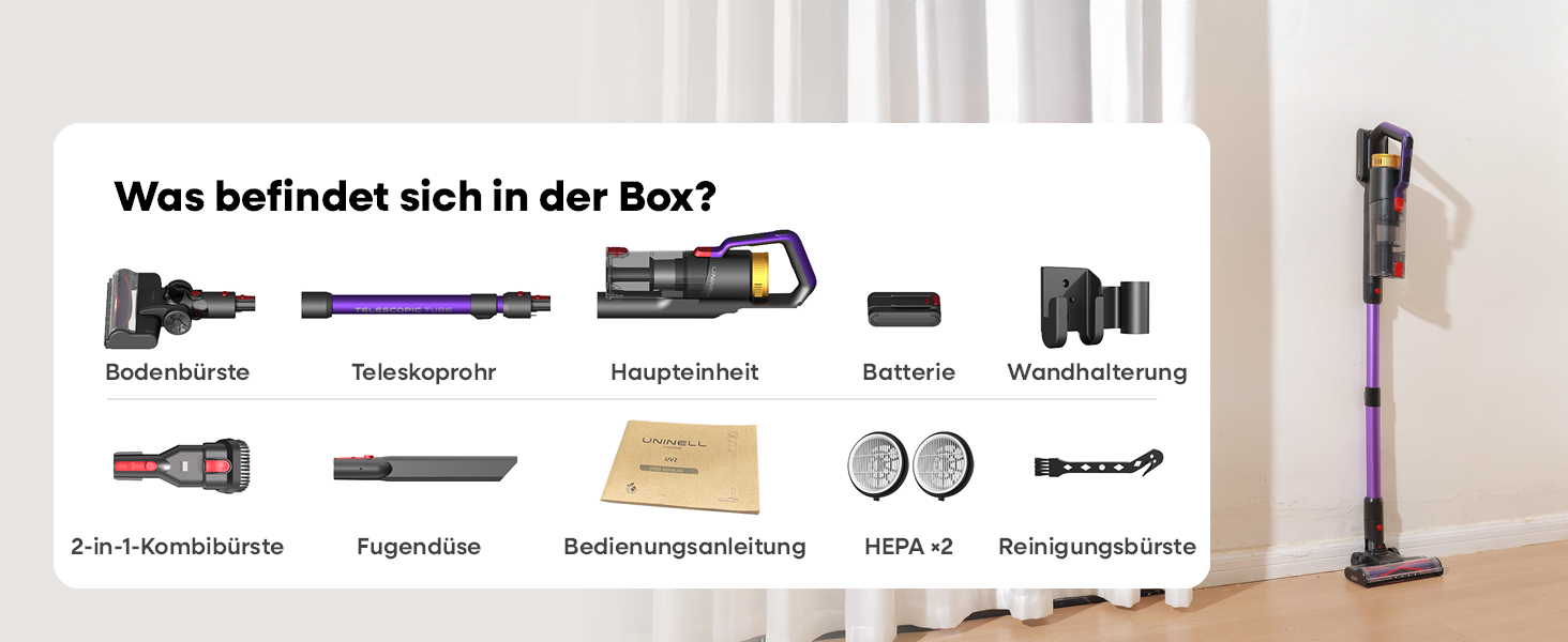 Бездротовий акумуляторний пилосос UNINELL HOME 48000Pa/550W з LED-дисплеєм та антизаплутана насадка. Підходить для килима, твердого покриття та шерсті тварин. Колір: фіолетовий