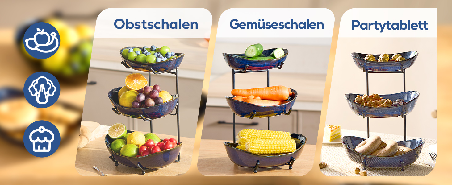 DUJUST Трирівнева етажерка для фруктів з кераміки, 3 яруси, сучасний дизайн, обпалена глазур, для кухні, зберігання фруктів, стабільна, придатна для миття в посудомийній машині