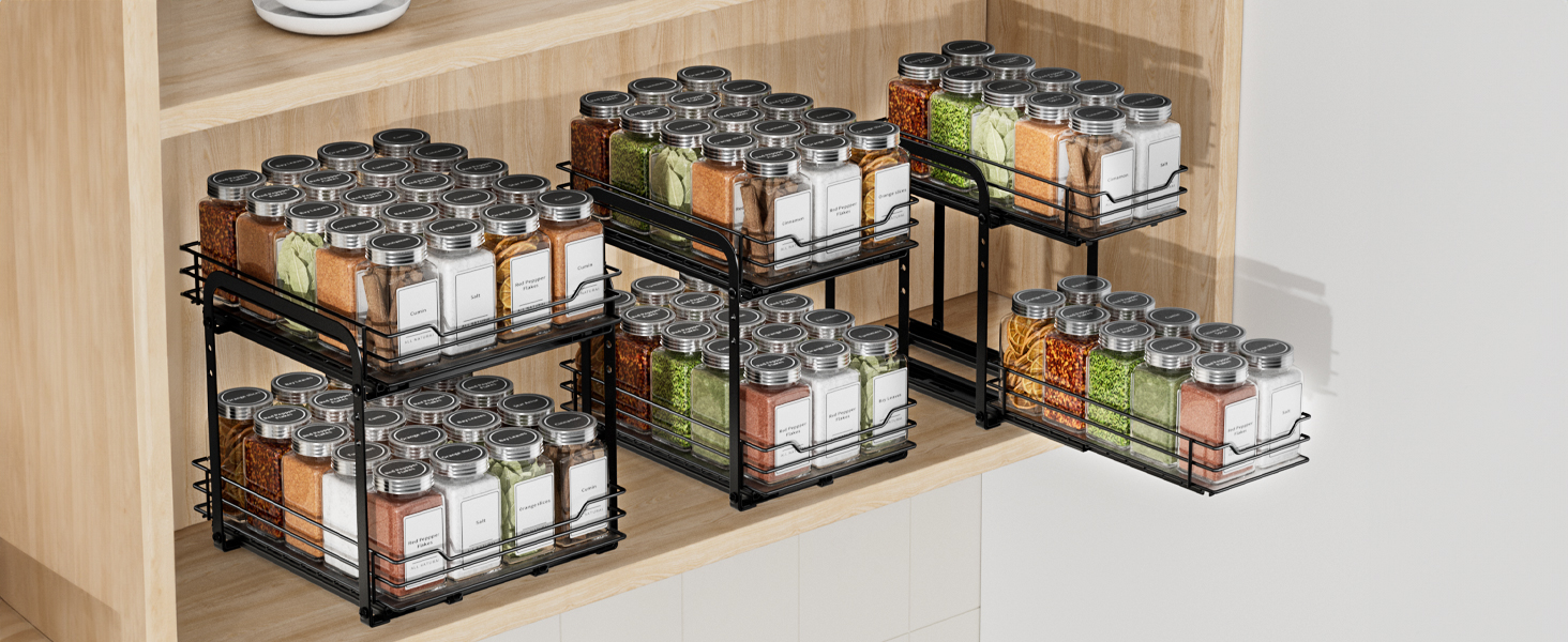 Висувна полиця для спецій у шафу, 2 яруси, регульована висота, чорний колір, органайзер для спецій, органайзер для кухні, розмір 23.8x26.4x23 см