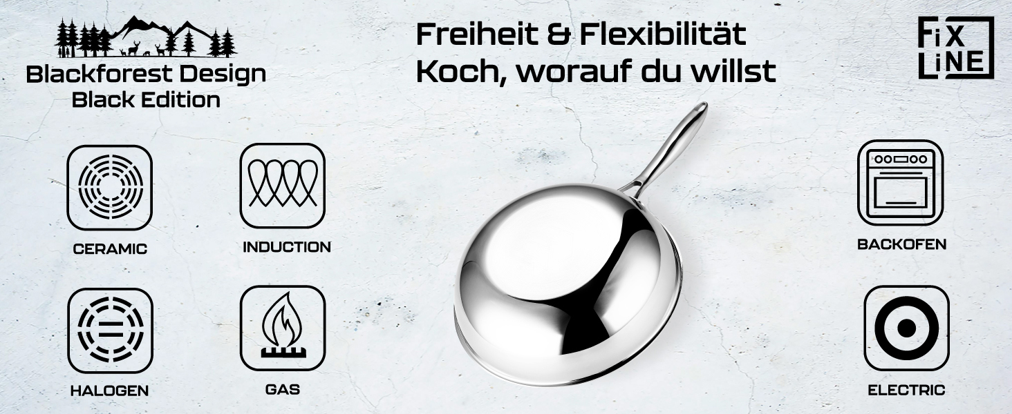 FIXLINE® Сковорода Black Forest 28 см з антипригарним покриттям без PTFE, для всіх типів плит (включно з індукцією), сумісна з духовкою до 230°C, легке очищення, ідеальна ідея для подарунка