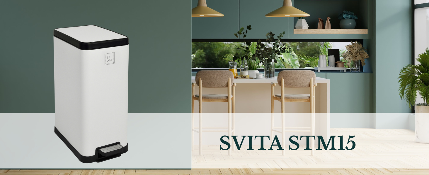 Відро для сміття SVITA STM15 з педаллю 15л, біле, прямокутне, з м'яким закриттям кришки та внутрішнім відром