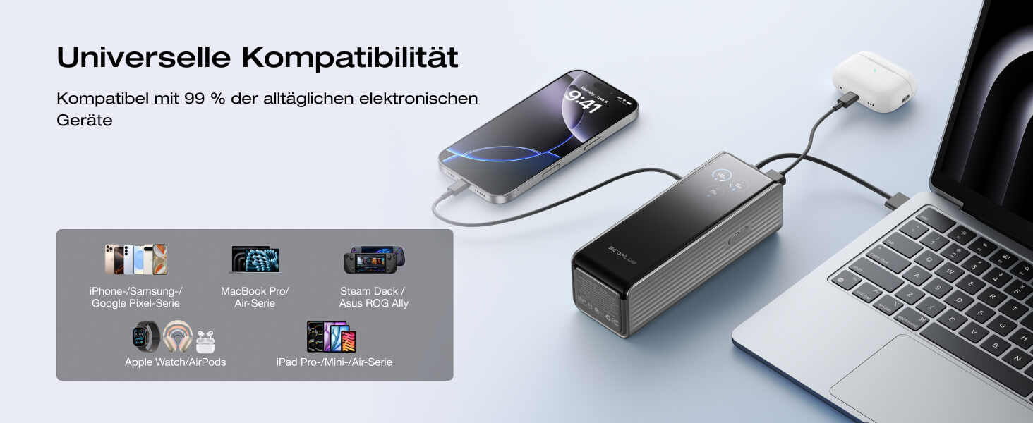 EcoFlow Power Bank 25000mAh 170W: Портативний зарядний пристрій для ноутбуків, iPhone, MacBook, Samsung, iPad, Steamdeck, Switch (Срібний)