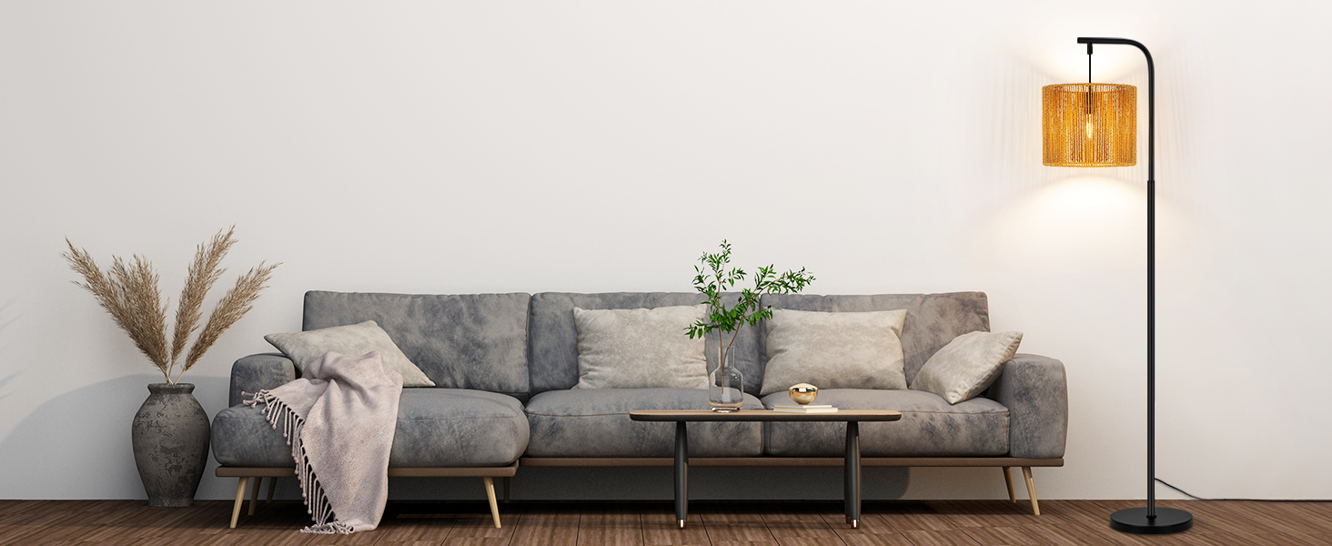 Торшер Rattan Boho - Стильний торшер для вітальні E27 164 см, чорний, з ножним вимикачем. Торшер в спальню, на терасу, в офіс, циліндричний абажур