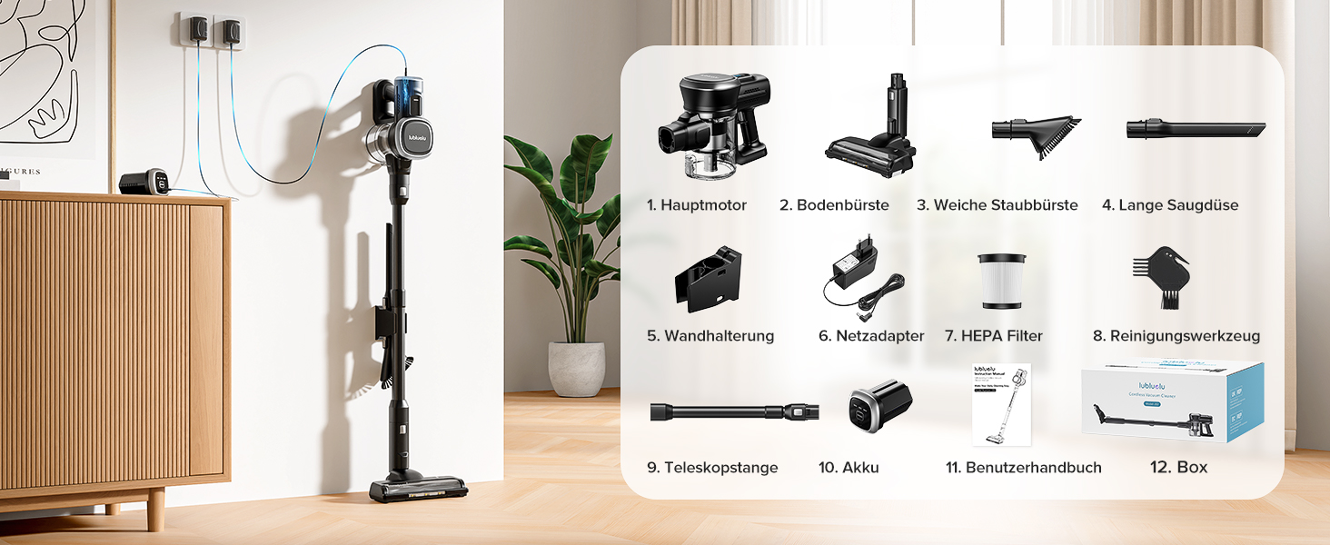 Бездротовий акумуляторний пилосос Lubluelu з LED-щіткою, HEPA-фільтром, потужністю 220W та 25kPa, час роботи до 50 хвилин, для твердих поверхонь, шерсті тварин та килимів (чорний)