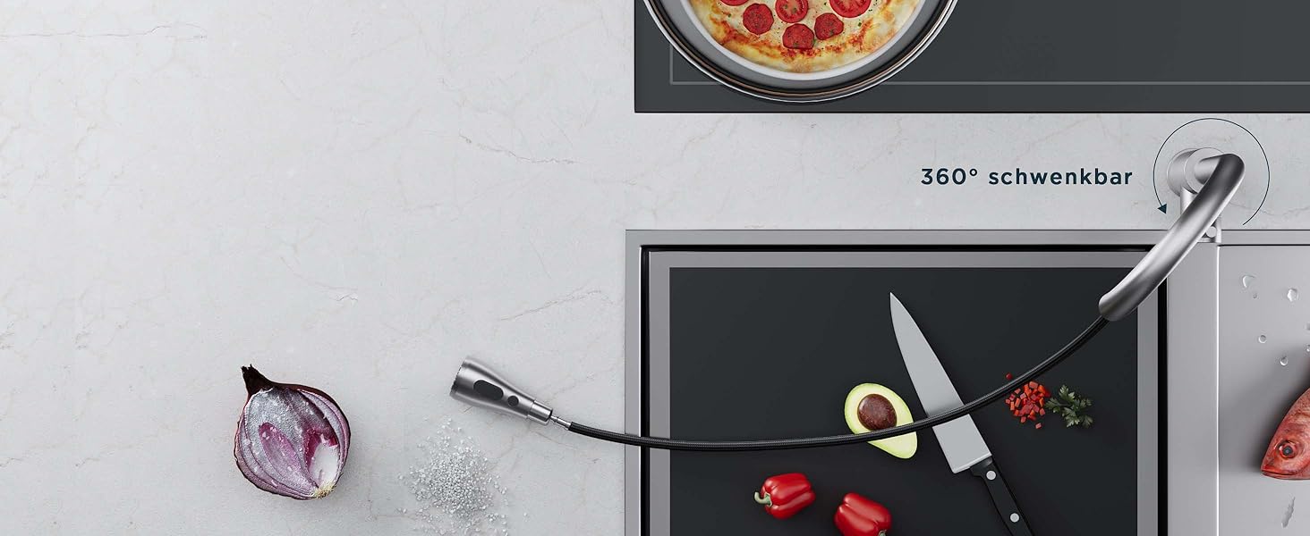 Змішувач для кухні FORIOUS з висувною лійкою, 360° обертання, 2 режими, нержавіюча сталь