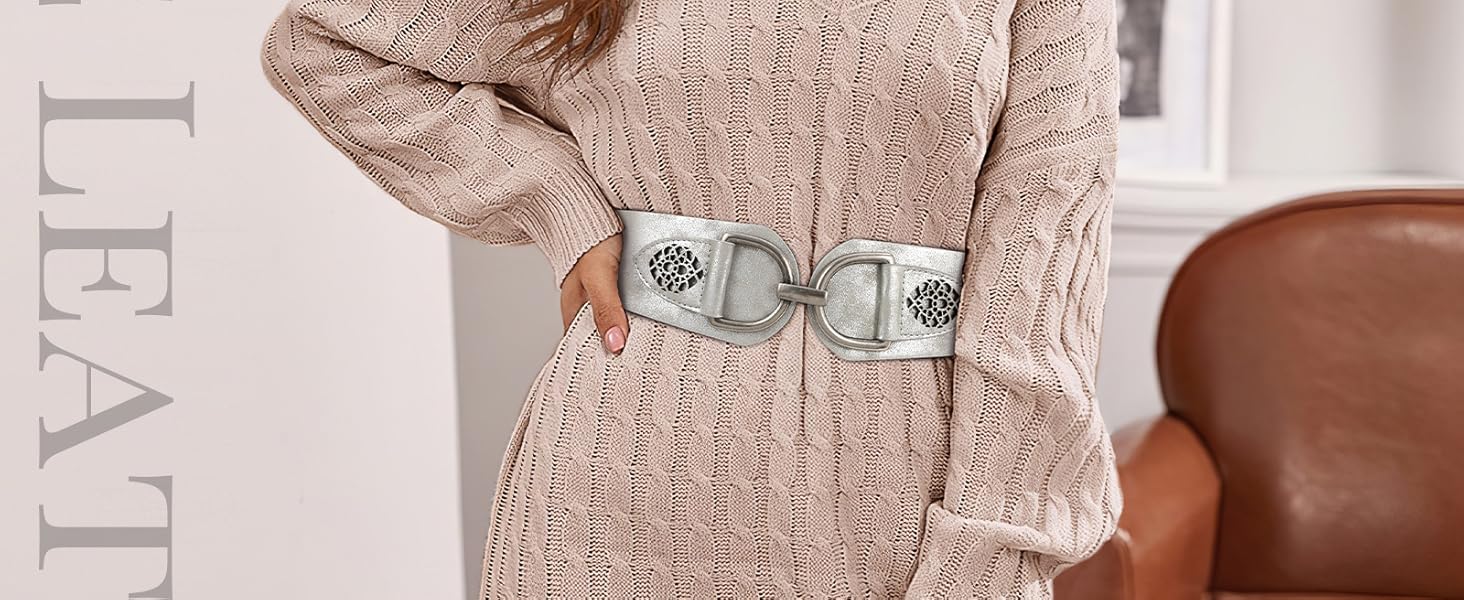 Жіночий ремінь VONMELLI Vintage з широкою талією та товстою пряжкою. Еластичний широкий ремінь для суконь та пальто (Срібло, XXL: обхват талії 119-150 см)