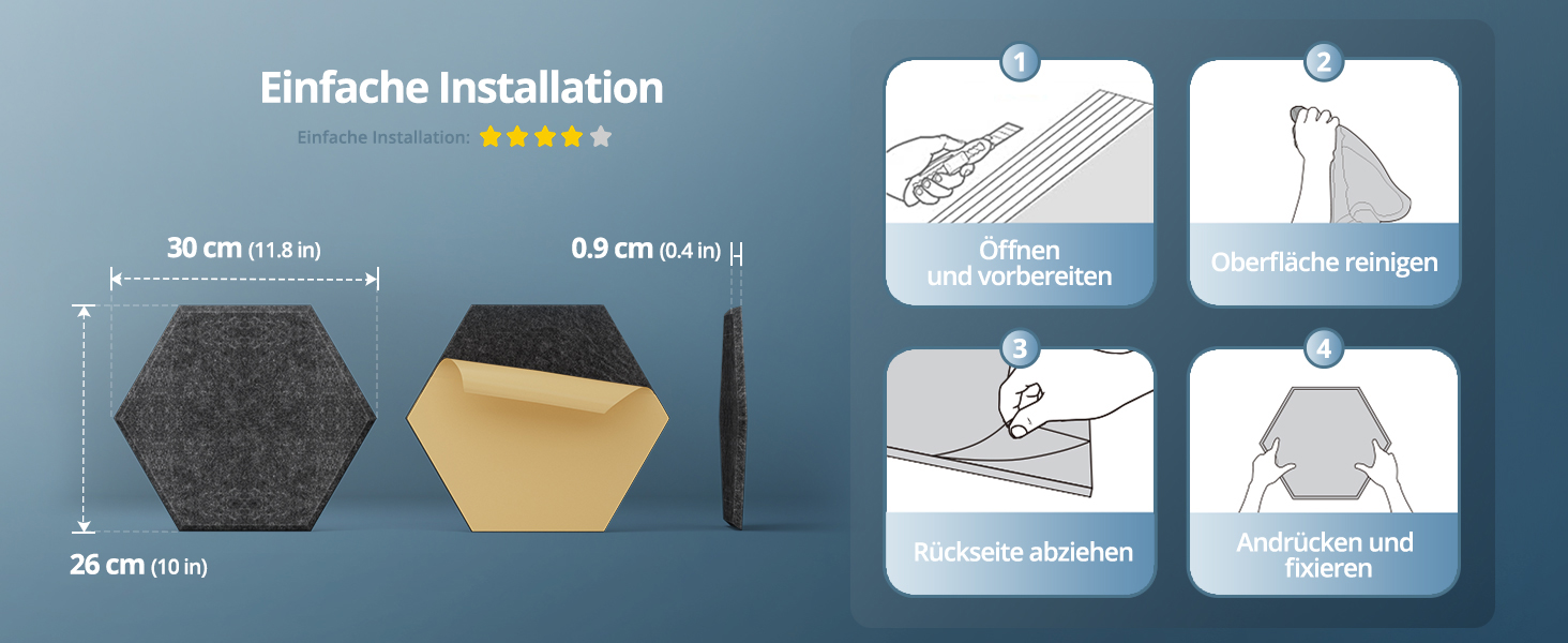 Акустичні гексагональні панелі самоклеючі для звукоізоляції, 12 шт, поглинач шуму для студії, вітальні, геймерської кімнати та офісу, 30 x 26 x 0,9 см (Темно-сірий)