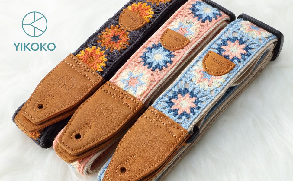 Гітарний ремінь 5,1 см з бавовняного друку, квітковий принт, з повним шкіряним кінцем, для бас-гітари, електрогітари та акустичної гітари, безкоштовна кнопка для ремінця, фіксатори ремінця та медіатори. Жовті ромашки (Рожеві ромашки)