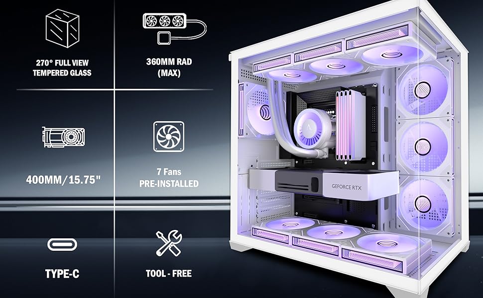 Корпус ПК ATX ANSAITE H-D9 (Білий) з 7 вентиляторами ARGB, підтримка радіатора 360 мм, скляна панель, USB Type-C