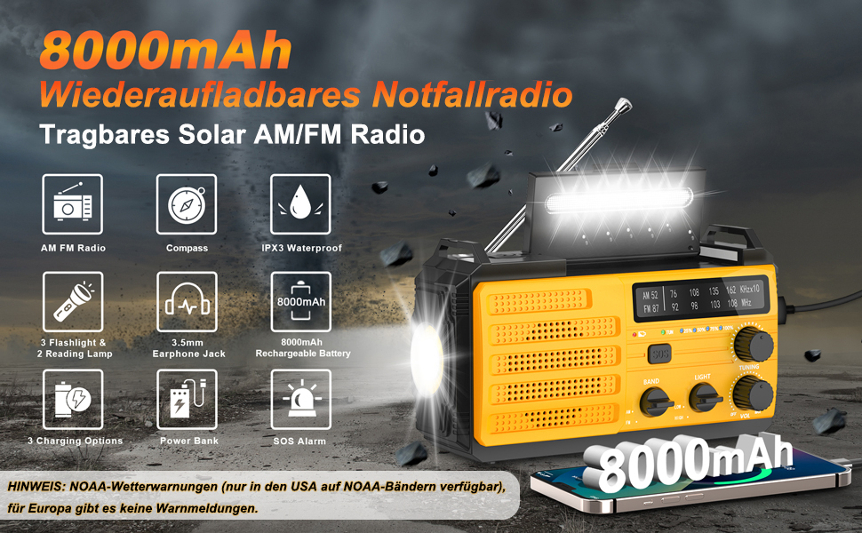 Сонячна радіостанція 20000mAh з ручним генератором, FM/AM/SW радіо, Powerbank, LED ліхтарик, SOS сигнал, USB зарядка для походу