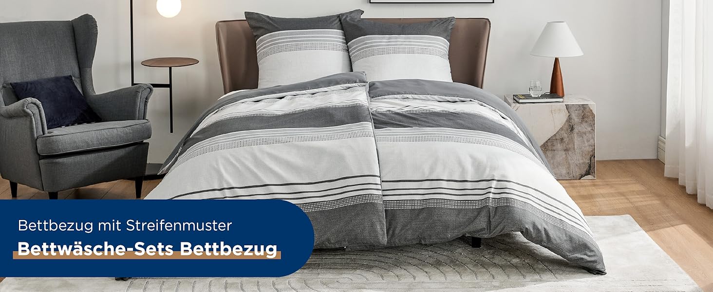 Комплект постільної білизни BEDSURE 3 предмети, сіра смугаста двостороння підковдра 200x200 см та 2 наволочки 80x80 см, сертифікат OEKO-TEX