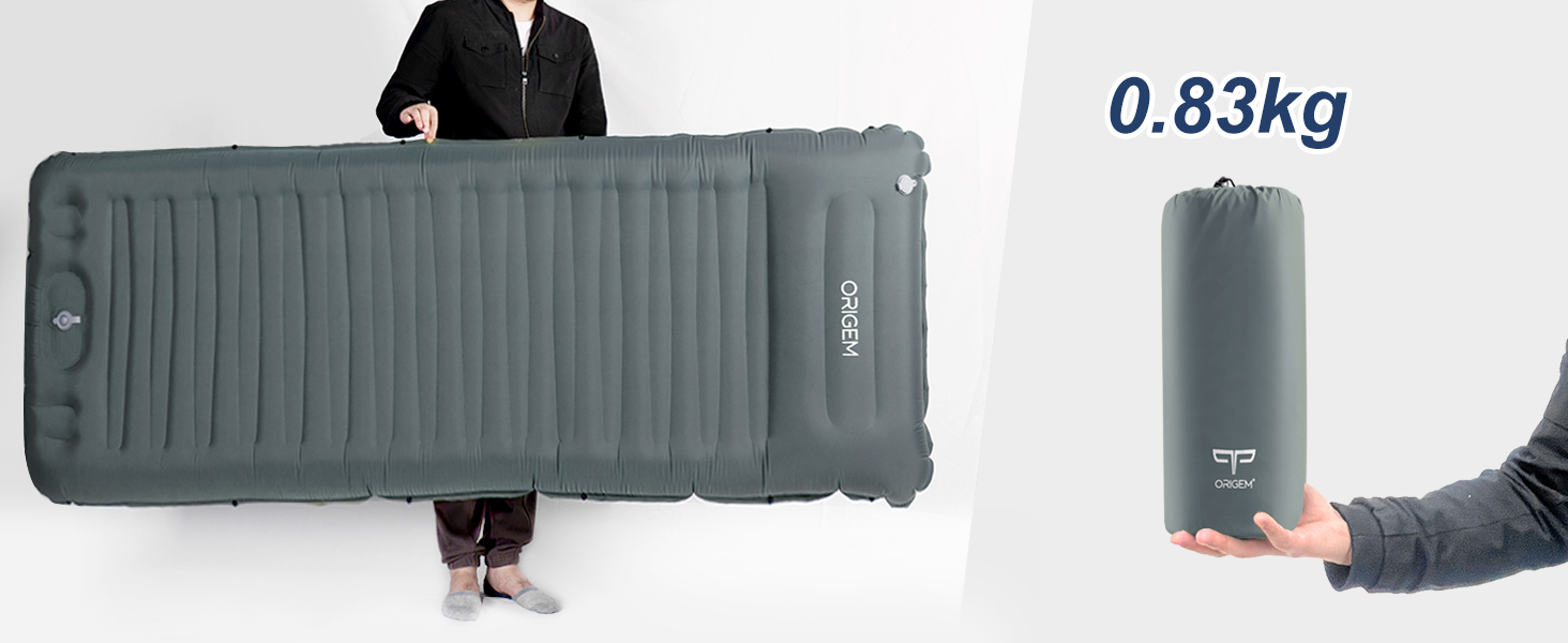 Origem Self-Inflating Camping Mat - Ultralight Sleeping Pad with Foot Pump - 14cm Thick - Ideal for Hiking, Travel, Beach, Tent & Hammock - Light Grey
