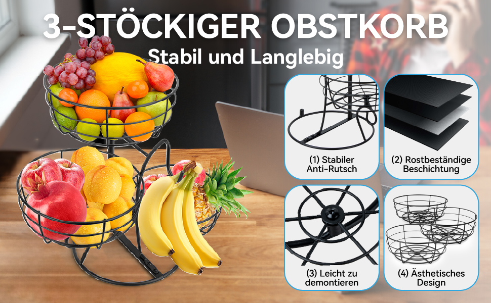 Багатоярусна підставка для фруктів Obst Etagere, чорна. 3 яруси, для кухні, вітальні, їдальні. Організація зберігання, економія місця.