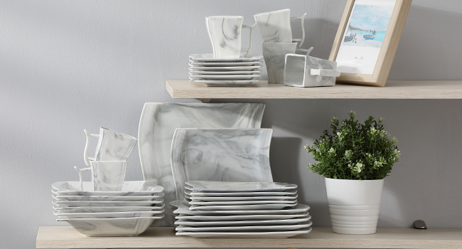 MALACASA Flora 30-Piece Marble Porcelain Dinnerware Set - Grey