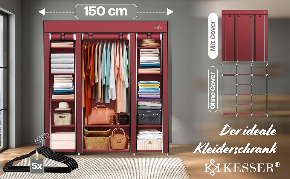 KESSER® Wardrobe Clothes Rack Stable with Clothes Rail & Shelves, Incl. 5x Clothes Hangers, Fabric Folding Wardrobe for Bedroom, Dressing Room, Clothes Rack 150x45x175cm (Burgundy Red)