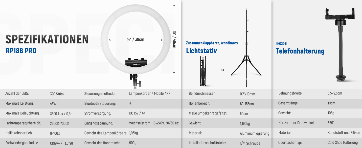 NEEWER Комплект кільцевого світла для фото та відео: 48 см, 52 Вт, регульоване LED світло, штатив, Bluetooth, рожевий (RP18B Pro)