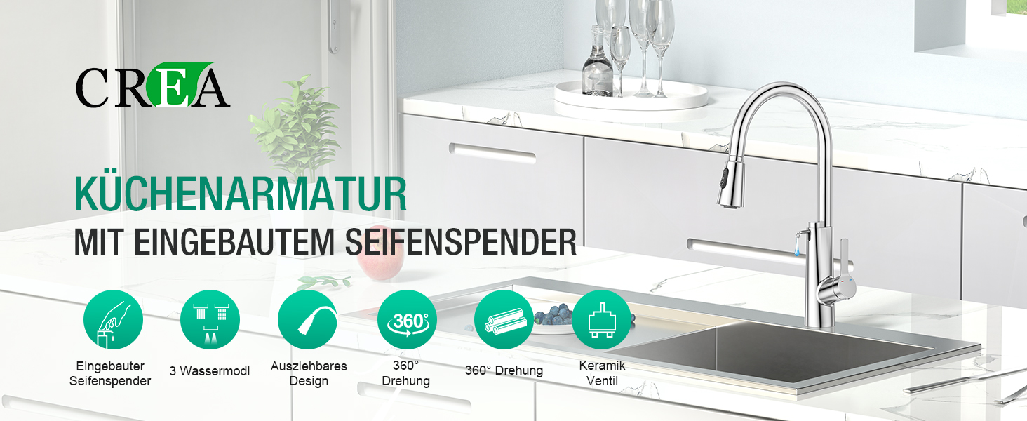 Кран кухонний CREA Wasserfall висувний з дозатором мила, нержавіюча сталь, 360° оберт, 4 режими, хром