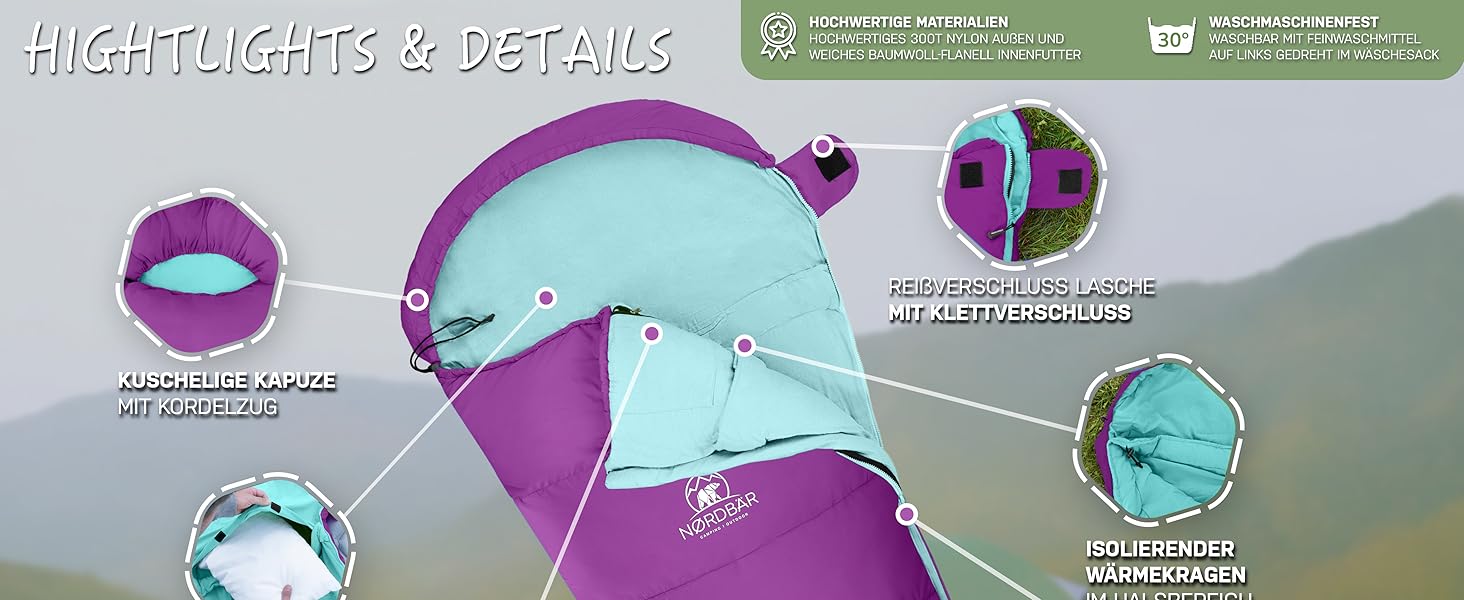 Дитячий спальний мішок для хлопчиків та дівчаток до 145 см | 100% бавовна | Мумійний спальник для кемпінгу | Легкий та теплий [1200г] | Кольори: фіолетовий/бірюзовий