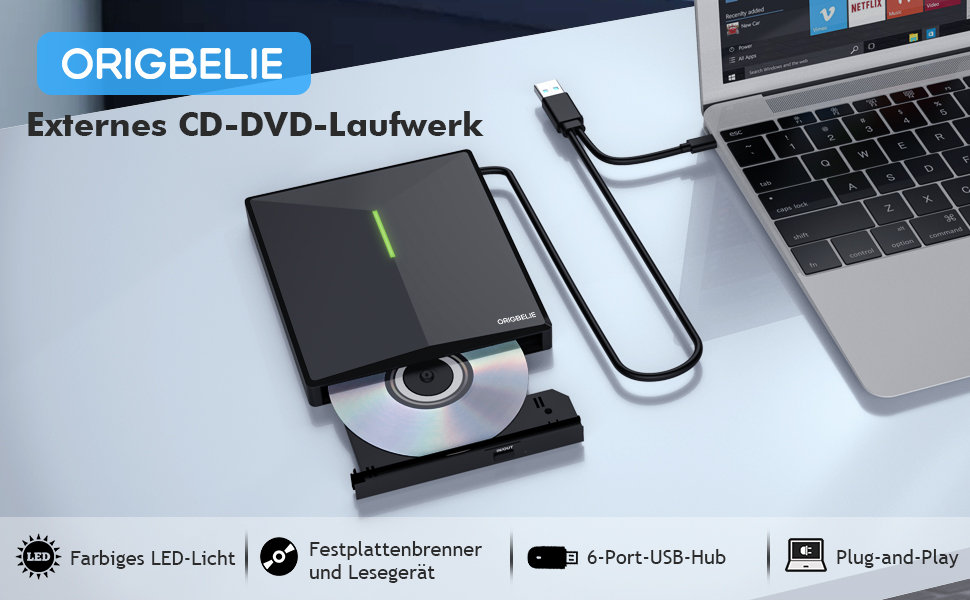 Зовнішній DVD/CD привід ORIGBELIE з 4 USB-портами та 2 слотами для TF/SD карт, USB 3.0, портативний для ноутбука, MacBook, PC (Windows, Linux, Mac OS)