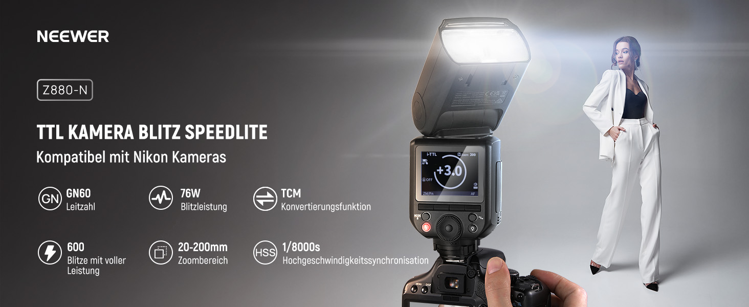 NEEWER Z880-C: Швидкісна спалахувачка Speedlite для Canon/Nikon з моделювальним світлом, TTL/M, HSS 1/8000s, 7.2V/3000mAh, 600 потужність