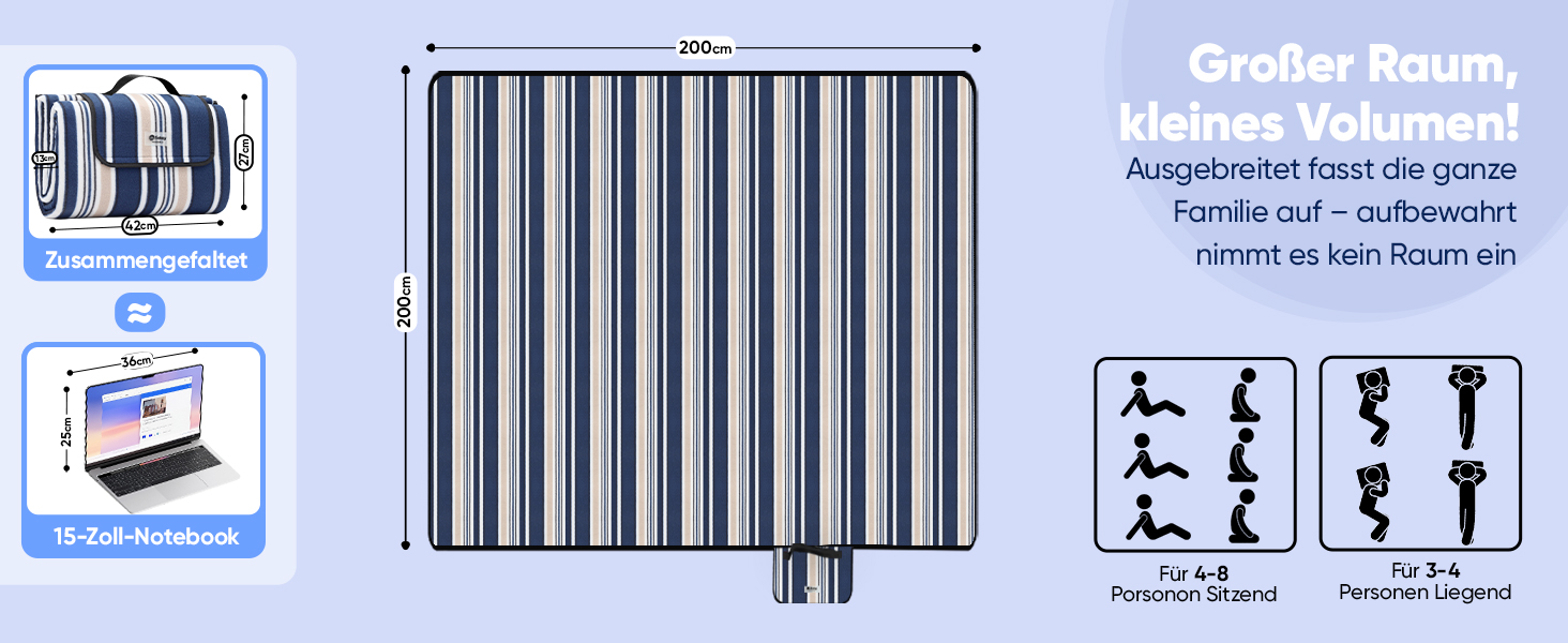 Плед для пікніка Sekey 200x200 см, водовідштовхувальний, для пляжу, кемпінгу, з PEVA-підкладкою, блакитно-біло-бежевий в смужку