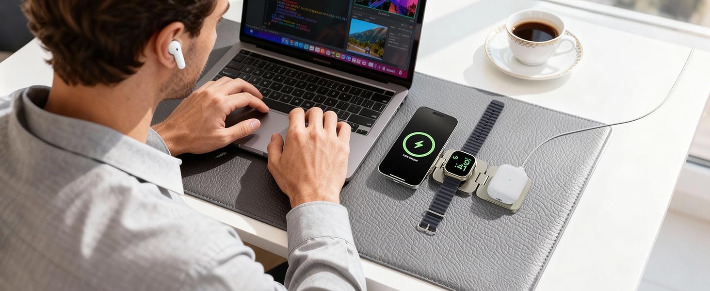 Зарядний пристрій 3-в-1 LULULOOK Ultra Kompakt Qi2.2 25W MagSafe для iPhone 17/16, Apple Watch та AirPods, GaN 45W, Титан