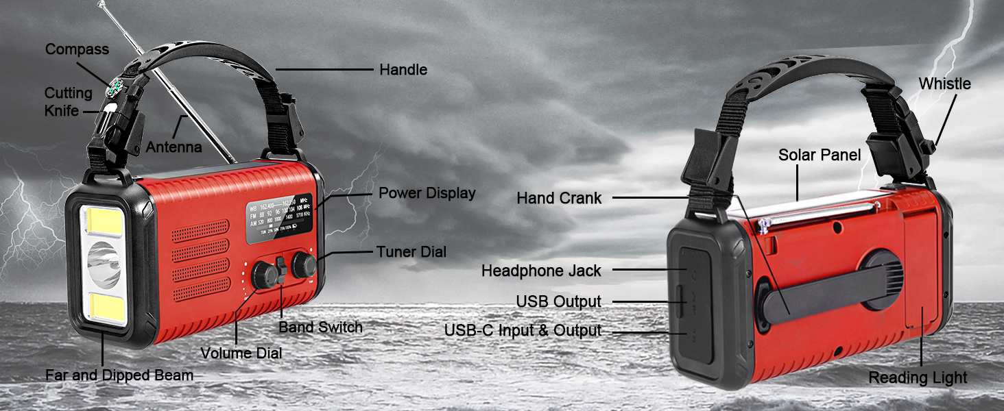 Радіо на сонячній батареї та ручному заводі 20000mAh з USB зарядкою для телефону, AM/FM, погодне радіо, ліхтарик, SOS-сигнал, для кемпінгу та надзвичайних ситуацій (Червоне)
