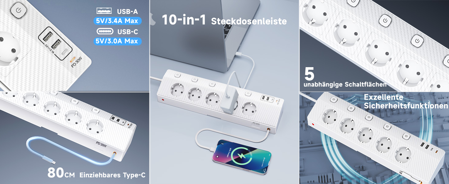Настільний мережевий фільтр з 5 розетками та 2 USB-C (PD 30W), подовжувач з вимикачем, 4000W, кабель 2м, білий
