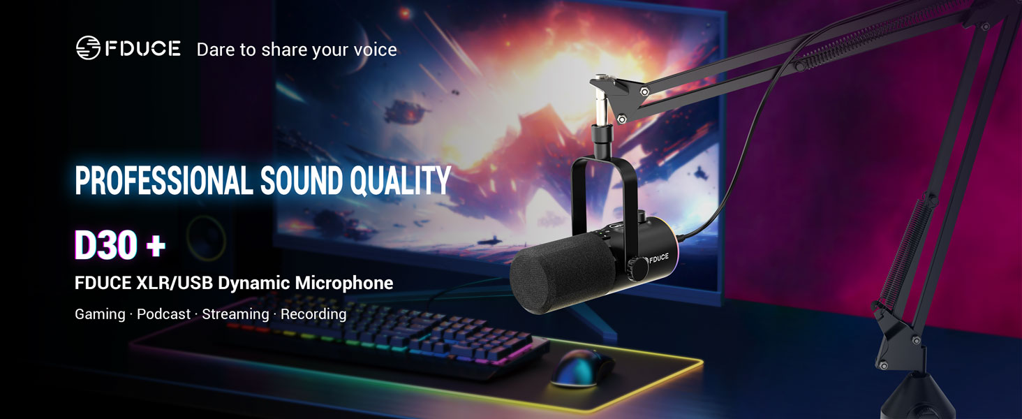Ігровий мікрофон FDUCE з USB/XLR підключенням для запису подкастів, стрімінгу та співу з RGB-підсвічуванням, регулятором гучності та навушником, з кріпленням-жабою (D30+)