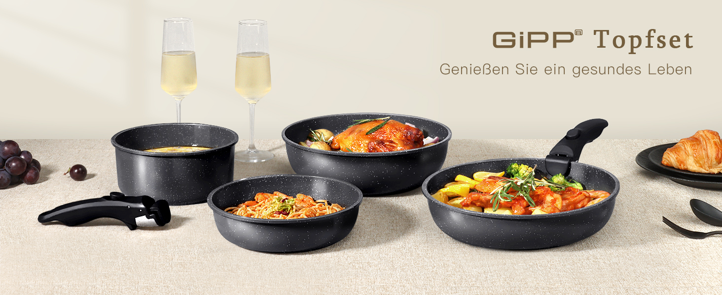 Набір посуду GiPP 21 предмет: сковороди та каструлі з антипригарним покриттям, для всіх типів плит, чорний