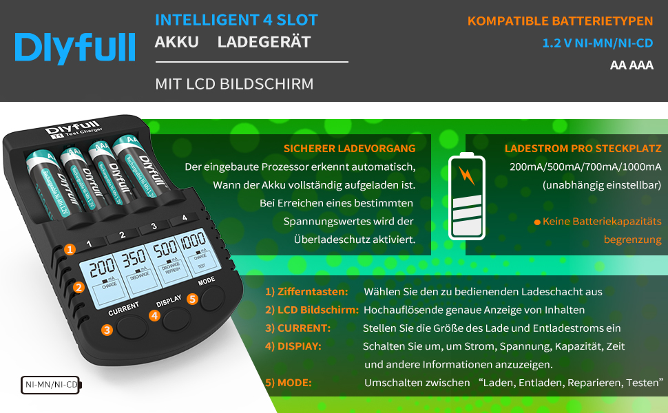 Зарядний пристрій Dlyfull для акумуляторів AA AAA: швидка зарядка, відновлення, розрядка, сумісний з NI-MH, NI-CD
