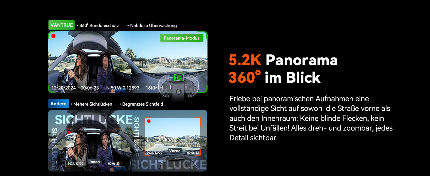 Панорамний відеореєстратор VANTRUE E360 5.2K Dual STARVIS 2 HDR 360°, сенсорний екран 1.54