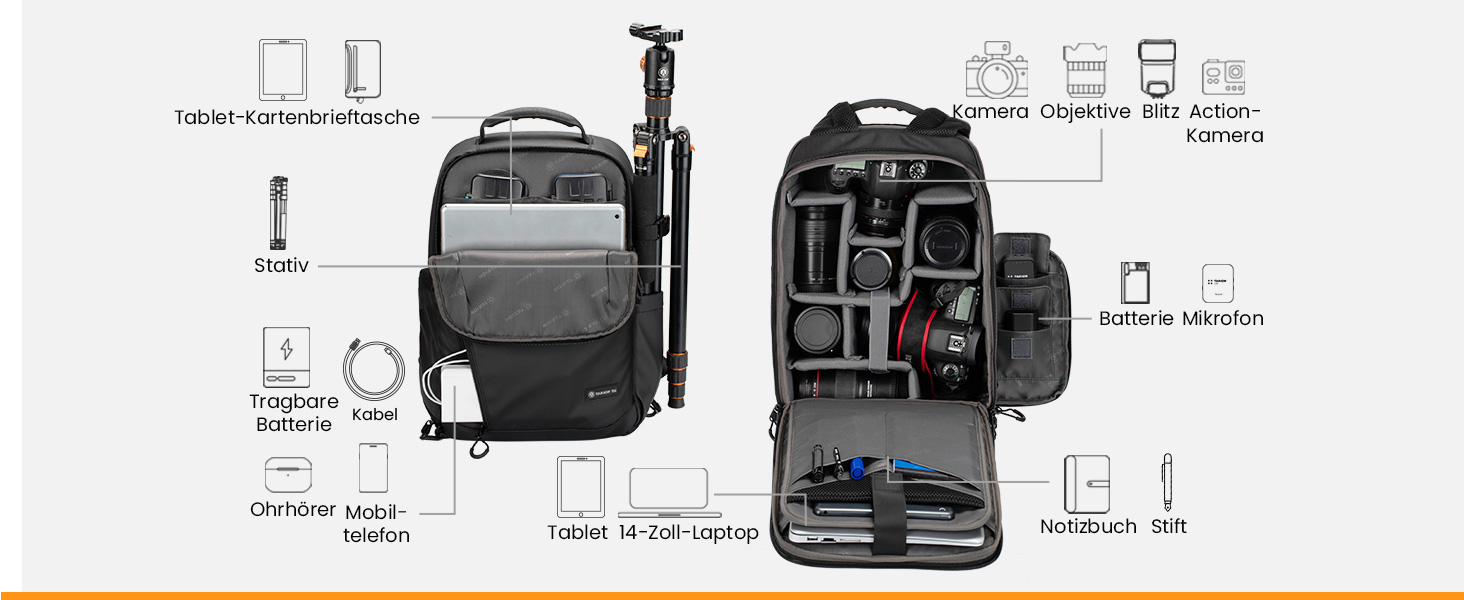 Рюкзак для фотокамери TARION: водонепроникний, з відділенням для 14-дюймового ноутбука та захистом від дощу (чорний)