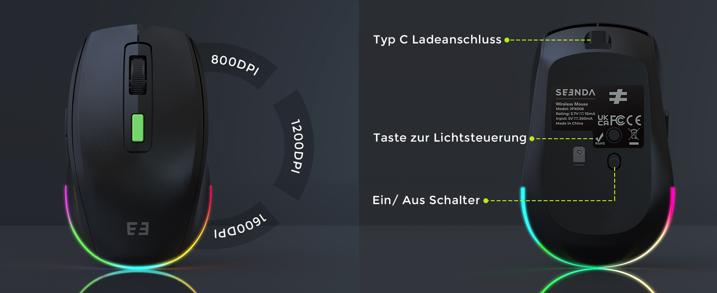 Бездротовий комплект клавіатури та миші Seenda JPX006 з підсвічуванням, USB/Type-C, QWERTZ, з підставкою для телефону та підкладкою для зап'ястя, для PC/Windows/Mac, тихий клік, чорний