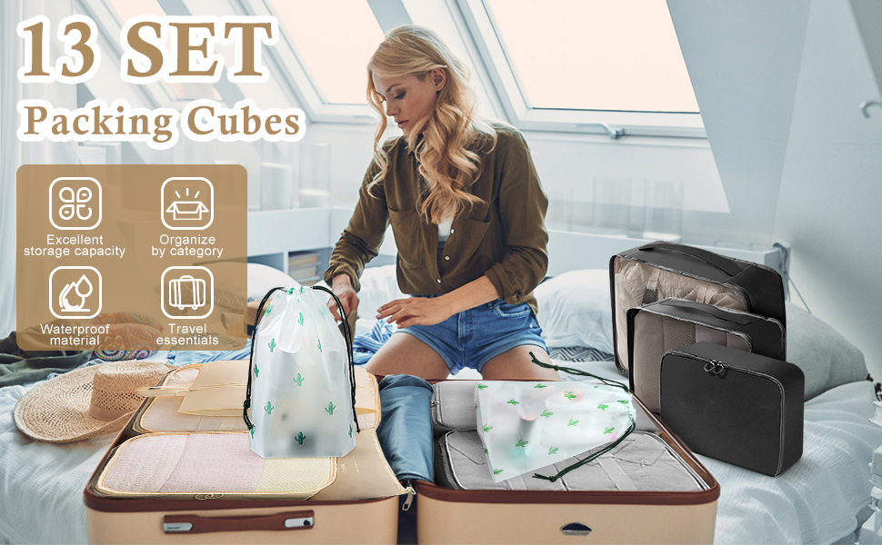 Органайзер для валізи Gemke 13 шт., водонепроникні кубики для пакування, багаж, подорожі (бежевий)