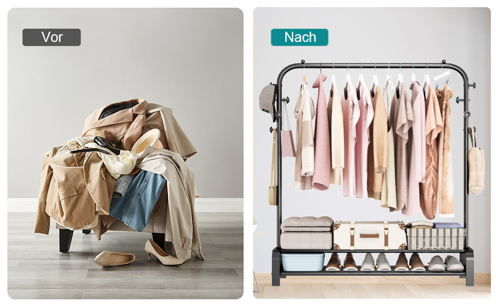 Clothes Rack, Coat Rack Stable Clothes Rail with 6 Hooks and 2 Shoe Shelf Storage Shelf, Bedroom Clothes Rack Freestanding Clothes Rail, Black