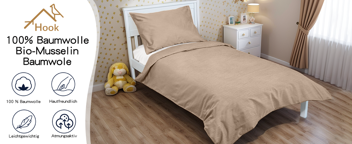 Набір постільної білизни для ліжечка Hook з мусліну 100% бавовни (100x135 см) – дихаючий та м'який, ручної роботи | Комплект постільної білизни для малюків з наволочкою 40x60 см (Рожевий, 135 x 100 см)