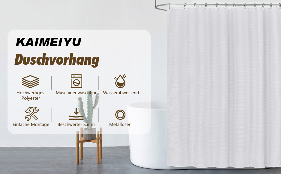 Штора для душу текстильна водонепроникна поліестер 180x200 см, біла з кільцями