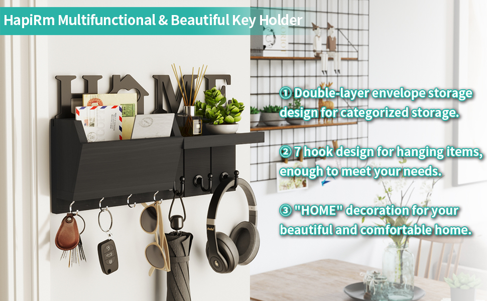 Держатель для ключів HapiRm з декором HOME, дерев'яне ключникове дошка з 7 гачками, з полицею. Підходить для входу, дверей, коридору, спальні, офісу (чорний)