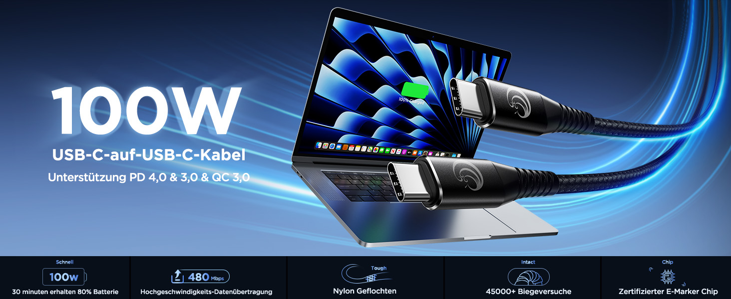 Кабель USB-C на USB-C [2 шт. 2м+2м] 100W, 5A, PD, для iPhone, Samsung, iPad, MacBook, Pixel, Switch. Чорний