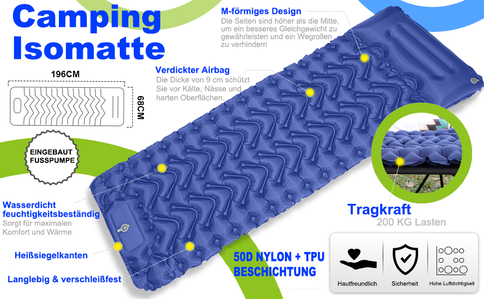 Каремат туристичний самонадувний Cunbayi з інтегрованими подушками та насосом для кемпінгу, пікніків, відпочинку на природі. Кольори: блакитний