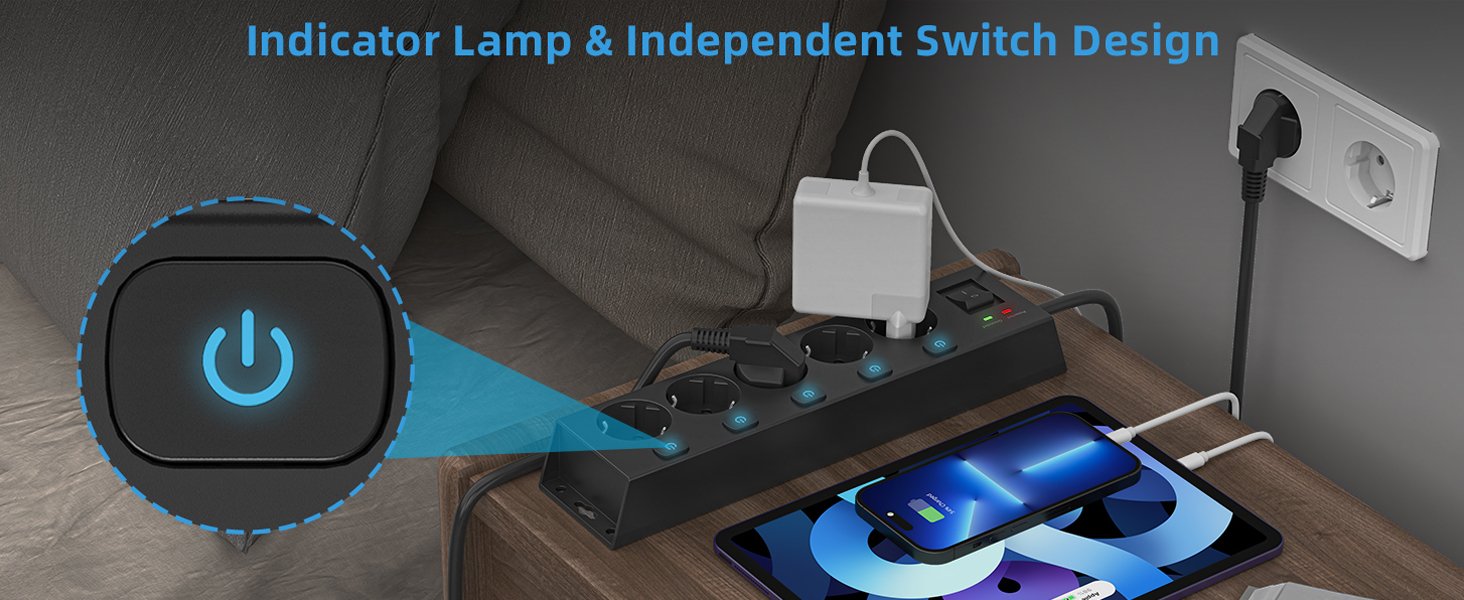 Мережевий фільтр Steckdoseleiste 5-fach з вимикачами, захистом від перенапруги 1050J, для дому та офісу, 2м кабель (чорний)