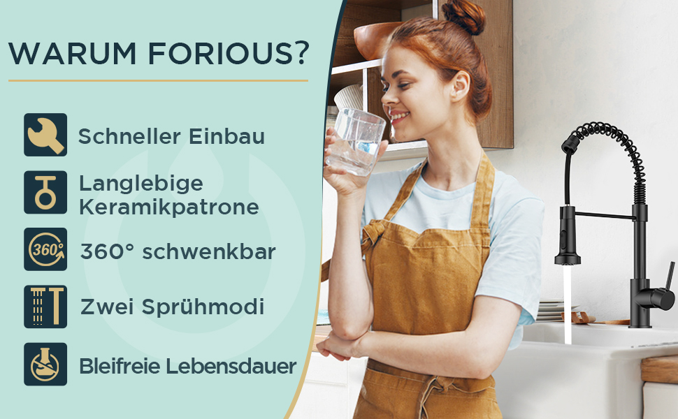 Кран кухонний FORIOUS з високим виливом, душовий набір, змішувач для мийки, кухонні крани, поворотний на 360°, 2 режими розпилення, нержавіюча сталь, матовий чорний