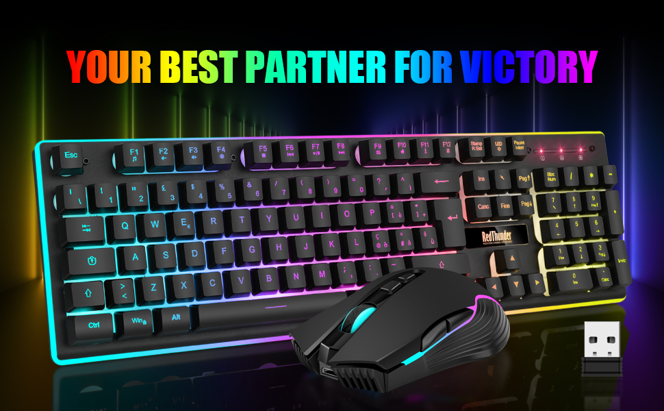 Бездротова ігрова клавіатура та миша RedThunder K10 з підсвічуванням LED, акумулятор 3800 mAh, механічне відчуття, Anti-Ghosting, миша 3200 DPI, QWERTY-розкладка, для PC, чорний колір