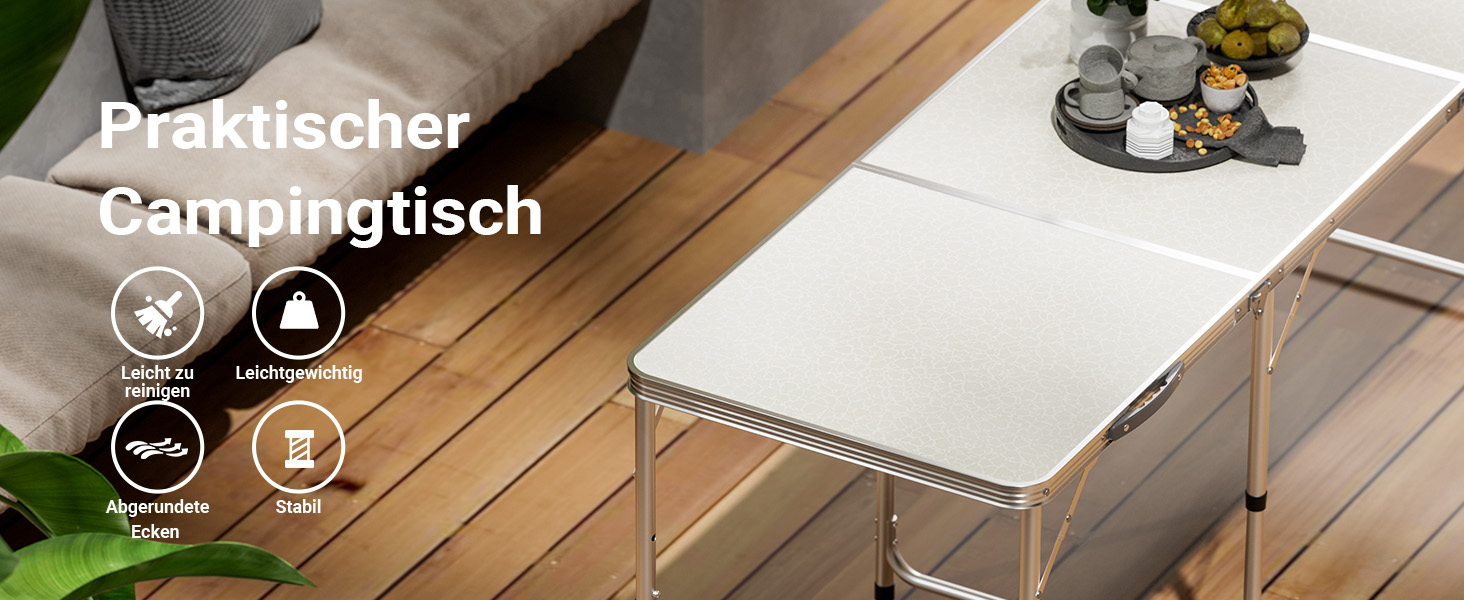 Складаний туристичний стіл 180x60x70 см з регулюванням висоти, алюмінієвий каркас, стільниця МДФ, багатофункціональний, для кемпінгу, саду, дачі