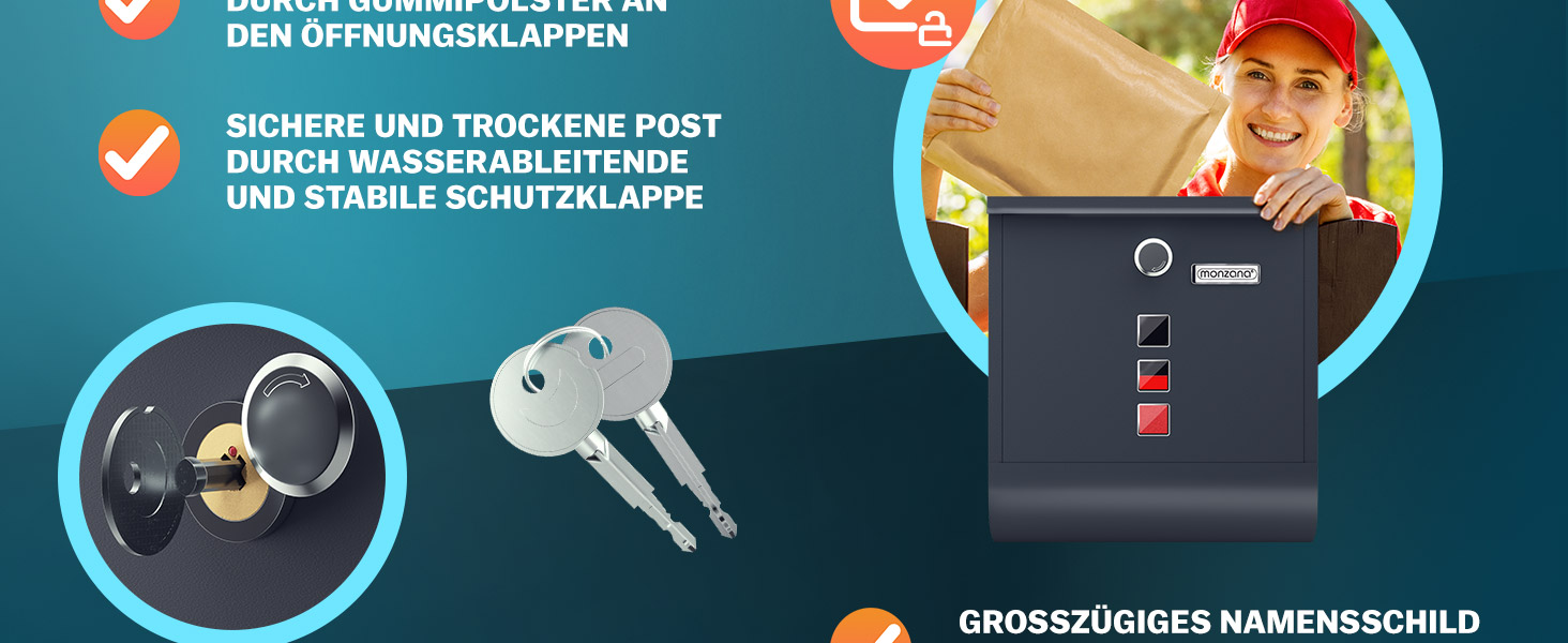 Поштовий ящик Monzana Kreuzschloss з мідним циліндром, сталевий, чорно-срібний (антрацит) 31x10x34 см, з вікном для газет та іменним шильдиком, 2 ключі