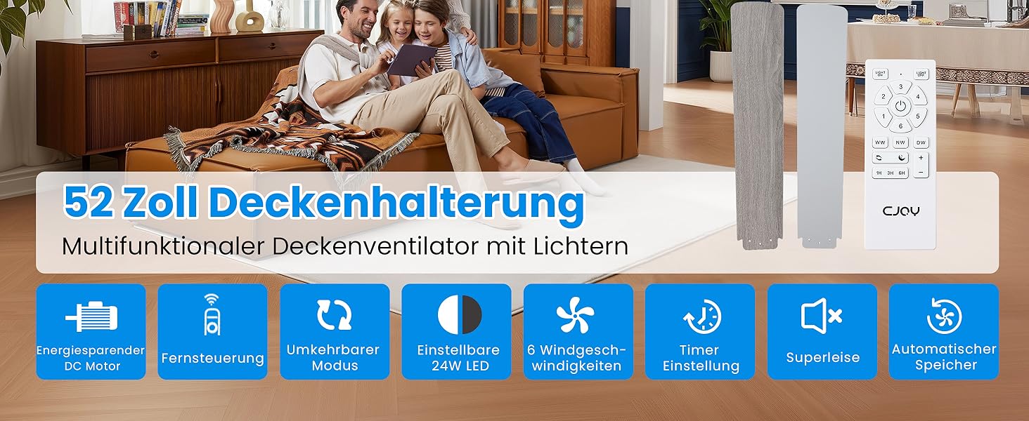 Стеляний вентилятор CJOY з підсвічуванням, 107 см, з пультом керування, тихий, DC, реверсивний, пам'ять 3CCT, диммування, 6 швидкостей, таймер для спальні (132 см - срібний)