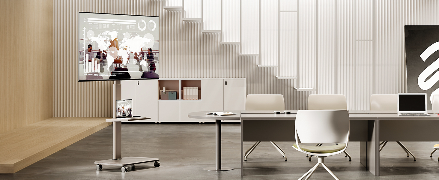 FITUEYES Rolling TV Stand with Wood Shelf - Adjustable Height & Swivel - Fits 32-70 inch TVs up to 40kg, VESA 400x600 - White (Khaki)