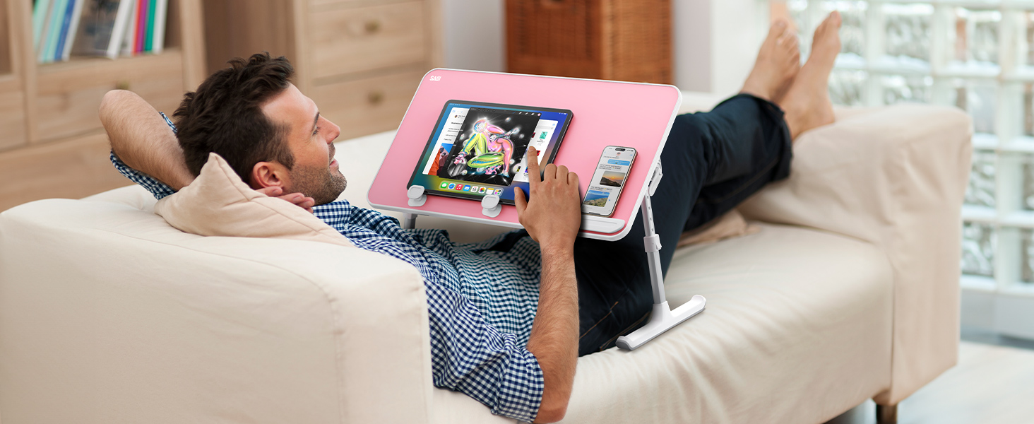 SAIJI Підставка для ноутбука на ліжко - регульована висота, складний столик для дивану/підлоги, для роботи/навчання/читання/їжі, підходить для ноутбуків до 17 дюймів (52*30 см), Рожевий